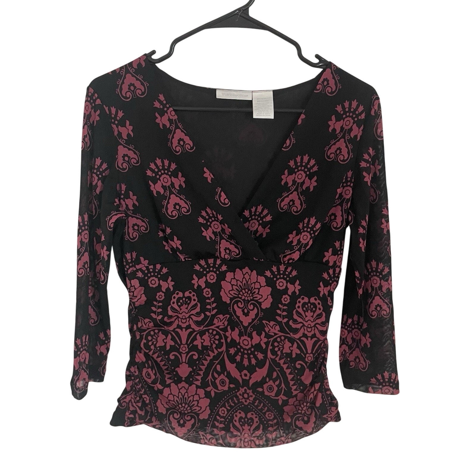 Y2k Sheer Mesh Top M Black Pink Babydoll Damask Print 2000s Emo Fairy Grunge